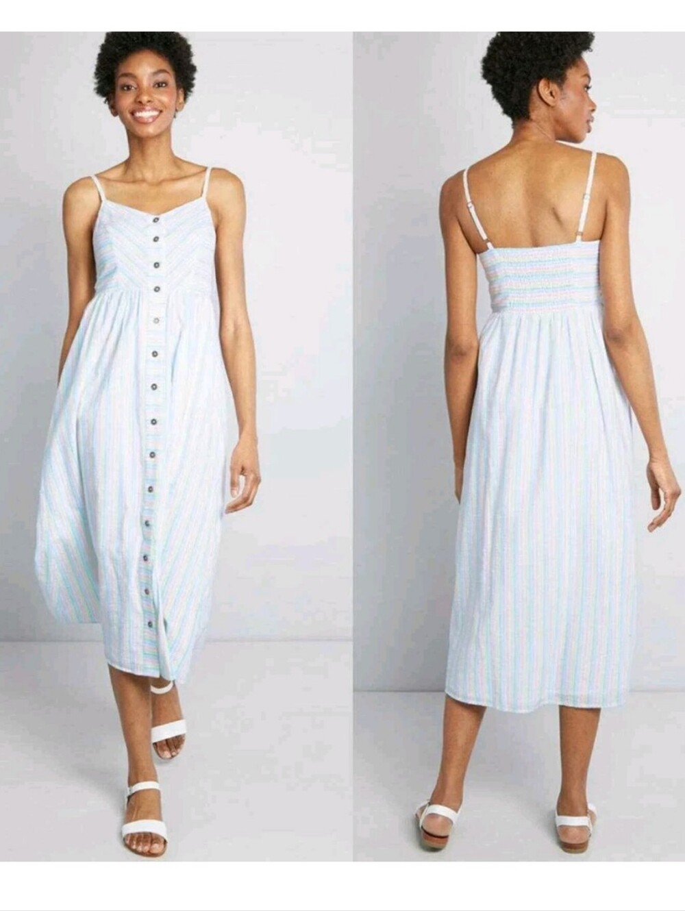 Modcloth Quite Clearly Charismatic Midi Striped Dress Button Front White Blue S